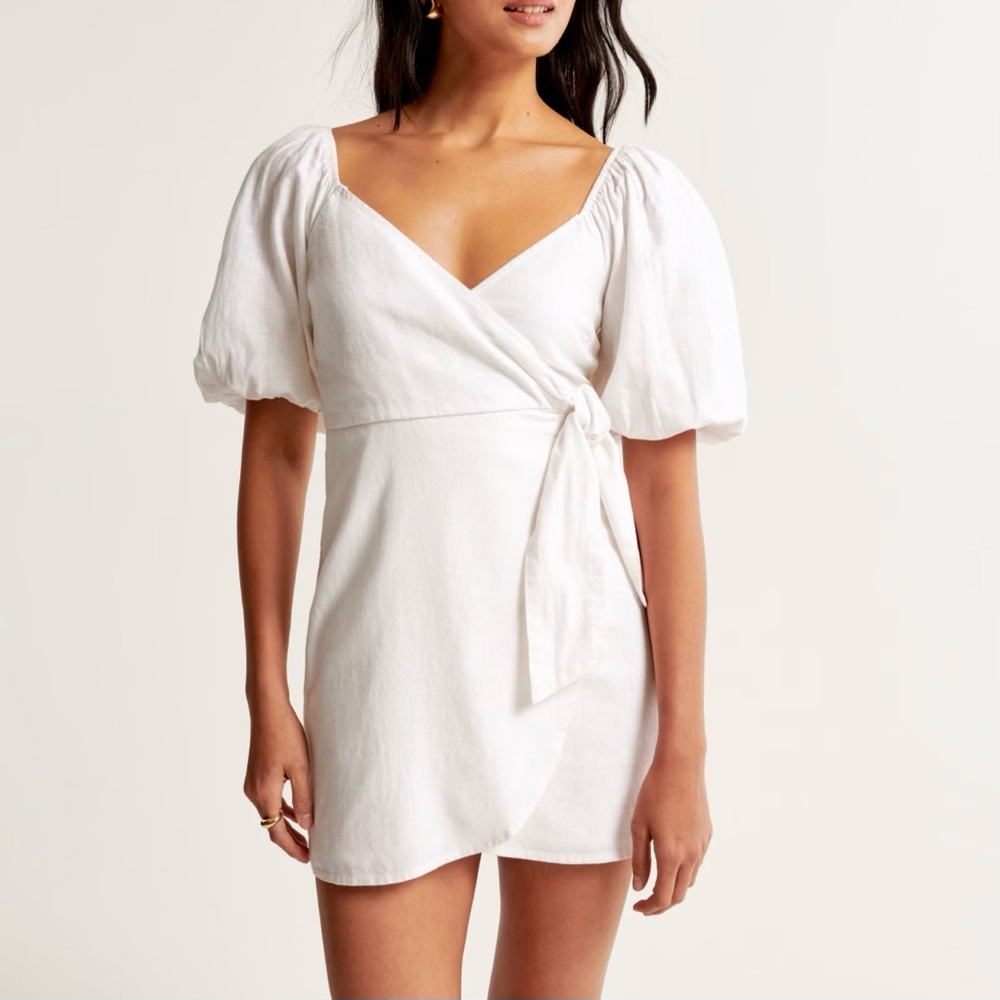Abercrombie & Fitch White Linen Blend Puff Sleeve Wrap Mini Dress NWT